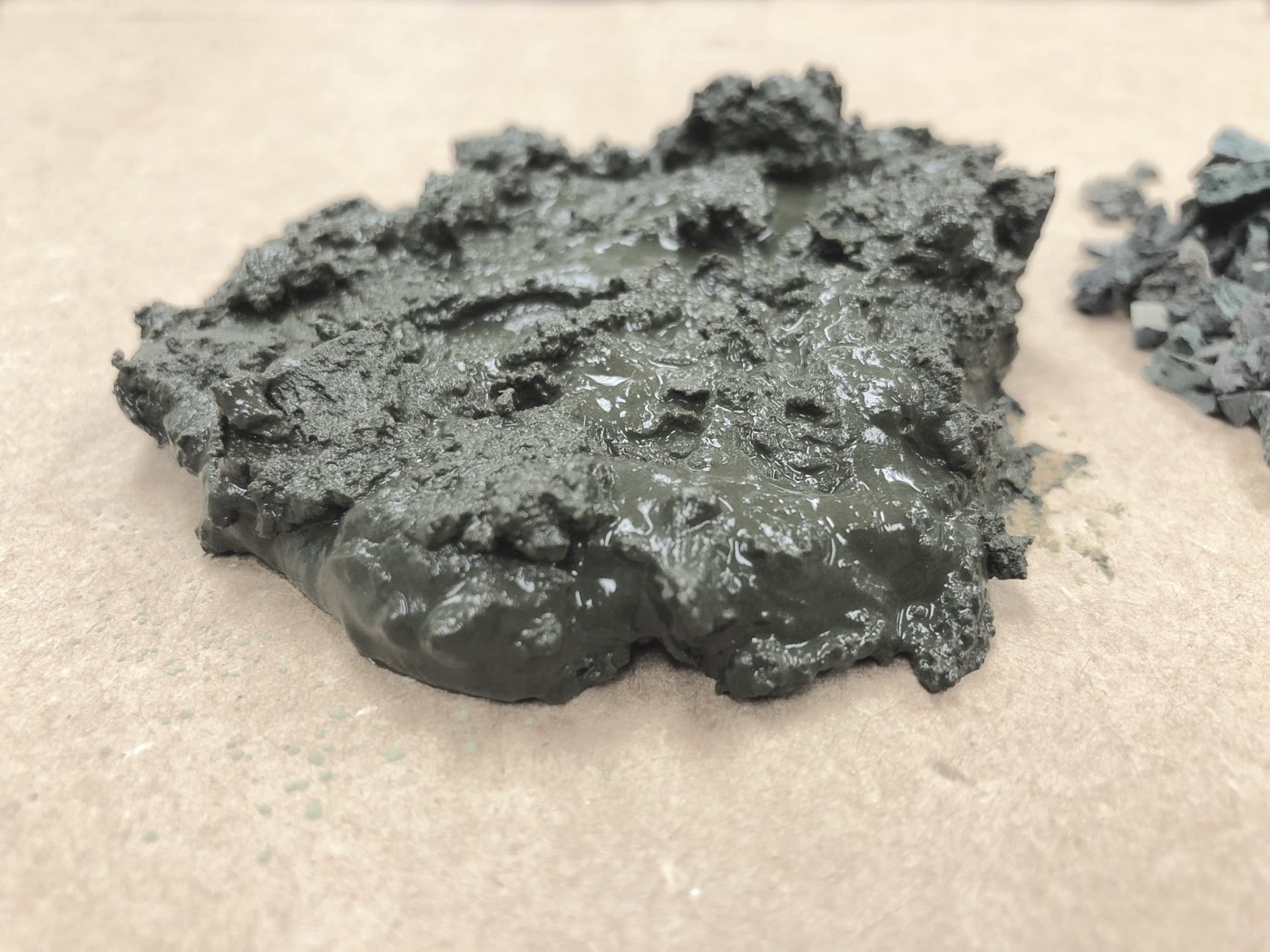 Raw algae biomass salvaged from water treatment — the material every Mosu object starts as